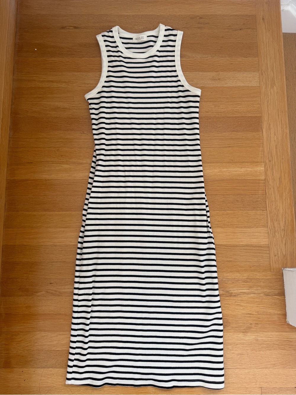Roolee Sleeveless Navy Blue and White Striped Ribbed Dress